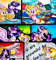 Size: 862x928 | Tagged: safe, artist:liaaqila, derpibooru import, luster dawn, princess twilight 2.0, twilight sparkle, twilight sparkle (alicorn), alicorn, pony, unicorn, the last problem, annoyed, book, cannon, comic, cute, duo, duo female, female, grounded, holding a pony, image, jpeg, lusterbetes, moon, mouth hold, pony cannonball, that pony sure does love books, this will end in a trip to the moon, to the moon, traditional art, twilight burgkle