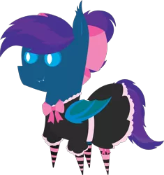 Size: 5699x6073 | Tagged: safe, artist:tikibat, derpibooru import, oc, oc:stardust, oc:stardust(cosmiceclipse), unofficial characters only, bat pony, pony, bat pony oc, bat wings, bow, clothes, crossdressing, derpibooru exclusive, dress, ear fluff, eyeshadow, fangs, femboy, image, maid, makeup, male, membranous wings, png, pointy ponies, ponytail, simple background, slit eyes, slit pupils, socks, solo, stallion, striped socks, transparent background, wings
