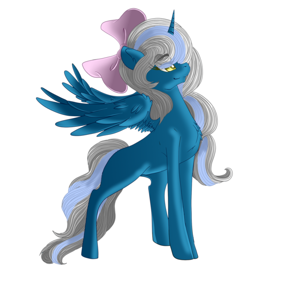 Size: 1024x1024 | Tagged: safe, artist:sakimiaji, derpibooru import, oc, oc:fleurbelle, unofficial characters only, alicorn, pony, alicorn oc, bow, cute, female, gift art, hair bow, horn, image, mare, png, simple background, smiling, solo, transparent background, wings, yellow eyes