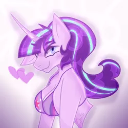 Size: 600x600 | Tagged: suggestive, artist:junko, derpibooru import, starlight glimmer, anthro, pony, semi-anthro, unicorn, art, bra, breasts, bust, busty starlight glimmer, clothes, cutie mark, cutie mark on clothes, female, floppy ears, image, implied twilight sparkle, looking at you, mare, png, signature, simple background, smiling, solo, swimsuit, underwear, underwear swap, white background
