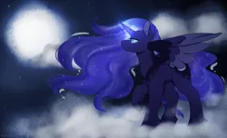 Size: 2560x1556 | Tagged: safe, artist:liefsong, derpibooru import, princess luna, alicorn, pony, alternate design, cloud, happy birthday mlp:fim, image, magic, mlp fim's tenth anniversary, moon, png, redraw, solo, unshorn fetlocks