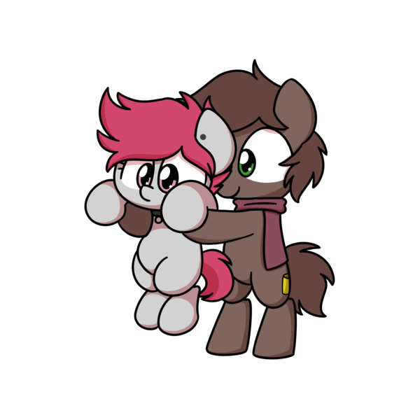 Size: 2500x2500 | Tagged: safe, artist:sugar morning, derpibooru import, oc, oc:brewer, oc:noble brew, oc:rose red, unofficial characters only, earth pony, pony, adorkable, commission, cute, dork, german, holding, holding a pony, image, lil baby man, png, simple background, smol, transparent background, ych result