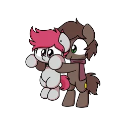 Size: 2500x2500 | Tagged: safe, artist:sugar morning, derpibooru import, oc, oc:brewer, oc:noble brew, oc:rose red, unofficial characters only, earth pony, pony, adorkable, commission, cute, dork, german, holding, holding a pony, image, lil baby man, png, simple background, smol, transparent background, ych result