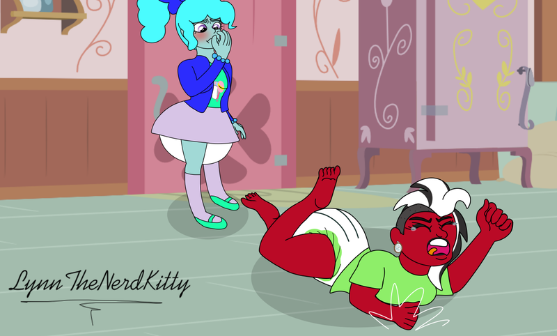 Size: 1280x771 | Tagged: suggestive, artist:lynnthenerdkitty, derpibooru import, oc, oc:diaper bow, oc:shatter misty cloud, equestria girls, abdl, diaper, diaper fetish, equestria girls-ified, eyes closed, fetish, image, open mouth, png, poofy diaper, shatter (transformers), teary eyes, temper tantrum, transformers