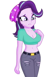 Size: 1440x2000 | Tagged: safe, derpibooru import, edit, editor:ah96, starlight glimmer, human, equestria girls, mirror magic, spoiler:eqg specials, beanie, belly button, breast edit, breasts, busty starlight glimmer, cleavage, female, hat, image, midriff, ms paint, multicolored hair, nervous, png, purple skin, shading, shiny skin, simple background, solo, tomboy, transparent background