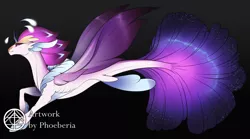 Size: 3288x1824 | Tagged: safe, artist:phoeberia, derpibooru import, queen novo, seapony (g4), my little pony: the movie, bioluminescent, black background, clothes, colored pupils, crown, dorsal fin, female, fins, fish tail, flowing tail, glow, image, jewelry, lidded eyes, logo, long tail, png, purple eyes, purple wings, queen, regalia, see-through, simple background, smiling, solo, swimming, tail, wings
