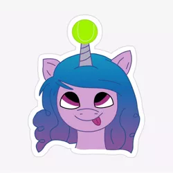 Size: 1000x1000 | Tagged: safe, artist:tasvyn, derpibooru import, izzy moonbow, pony, unicorn, female, g5, horn, horn guard, horn impalement, hornball, image, izzy's tennis ball, jpeg, looking up, mare, simple background, solo, sticker, tennis ball, tongue out, white background