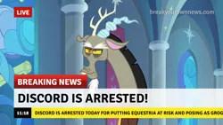 Size: 1280x720 | Tagged: safe, derpibooru import, edit, edited screencap, screencap, discord, draconequus, the ending of the end, breaking news, break your own news, canterlot, caption, discord is not amused, eyebrows, facial hair, funny, goatee, horns, image, image macro, implied grogar, joke, male, meme, op can't let go, png, solo, stained glass, text, unamused