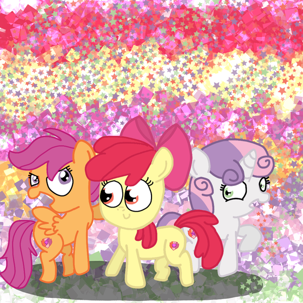 Size: 1080x1080 | Tagged: safe, artist:crossovercartoons, derpibooru import, apple bloom, scootaloo, sweetie belle, earth pony, pegasus, pony, unicorn, abstract background, artwork, cute, cutie mark crusaders, digital, digital art, drawing, glitter, happy, image, png, shadow, smiling, stars