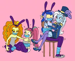 Size: 2039x1667 | Tagged: suggestive, artist:bugssonicx, derpibooru import, adagio dazzle, princess luna, sour sweet, trixie, equestria girls, blindfold, bondage, bunny suit, clothes, costume, foot tickling, gag, image, one eye closed, png, tape, tape bondage, tape gag, tickling, tied to chair, tied up, vice principal luna