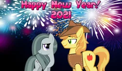 Size: 2064x1204 | Tagged: safe, anonymous artist, derpibooru import, braeburn, marble pie, earth pony, 2021, braeble, female, fireworks, happy new year, holiday, image, looking at each other, male, new year, png, shipping, smiling, straight