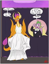 Size: 2550x3300 | Tagged: safe, artist:loreto-arts, derpibooru import, smolder, spike, dragon, clothes, commission, dragoness, dress, female, image, male, older, older smolder, older spike, png, shipping, smolder also dresses in style, spolder, straight, that dragon sure does love dresses, toes, tomboy taming, tuxedo, wedding dress, winged spike