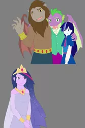 Size: 1865x2798 | Tagged: safe, artist:fantasygerard2000, derpibooru import, majesty, scorpan, spike, twilight sparkle, anthro, dragon, gargoyle, equestria girls, clothes, crown, dress, gray background, headcanon, image, jewelry, png, regalia, scorpan is spike's daddy, simple background, wings