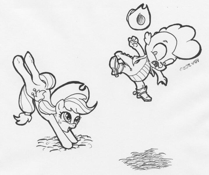 Size: 1280x1069 | Tagged: safe, artist:abronyaccount, derpibooru import, applejack, spike, dragon, pony, black and white, boots, bucking, clothes, cowboy boots, cowboy hat, female, freckles, frown, grayscale, happy, hat, image, ink drawing, inktober, inktober 2020, jpeg, male, mare, midair, monochrome, open mouth, rodeo, scared, shadow, shoes, signature, smiling, spurs, stetson, thrown, traditional art, vest