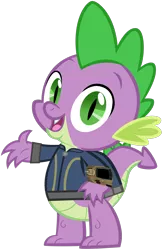 Size: 1280x1972 | Tagged: safe, artist:andoanimalia, artist:ponygamer2020, derpibooru import, spike, dragon, fallout equestria, clothes, fallout, image, jumpsuit, looking at you, male, open mouth, pipboy, png, simple background, solo, transparent background, vault suit, vector, waving, waving at you