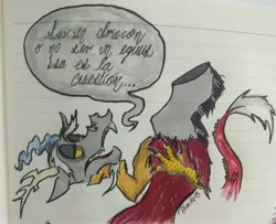 Size: 3107x2529 | Tagged: safe, artist:alom-b93, derpibooru import, discord, draconequus, dialogue, hamlet, headless, image, jpeg, lined paper, male, modular, solo, spanish, talking, traditional art