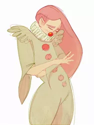 Size: 1500x2000 | Tagged: safe, artist:bananitryi, derpibooru import, fluttershy, human, clown, flutterclown, humanized, image, jpeg, red nose, sad