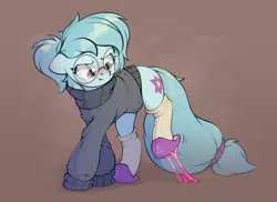 Size: 1600x1167 | Tagged: safe, artist:rexyseven, derpibooru import, oc, oc:whispy slippers, unofficial characters only, earth pony, pony, blushing, clothes, female, food, glasses, gum, image, mare, png, slippers, socks, solo, sweater