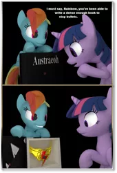 Size: 686x1006 | Tagged: safe, artist:edward256, derpibooru import, rainbow dash, twilight sparkle, pegasus, pony, unicorn, fanfic:austraeoh, 2 panel comic, 3d, blender, blender cycles, book, comic, element of loyalty, eyelashes, fanfic art, female, grin, image, mare, png, sfm pony, smiling, source filmmaker, talking, thinking, unicorn twilight, wide eyes