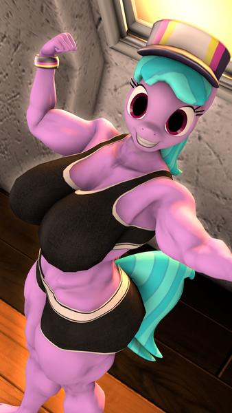 Size: 1080x1920 | Tagged: suggestive, artist:shadedance, derpibooru import, azure velour, anthro, earth pony, plantigrade anthro, 3d, biceps, big breasts, breasts, busty azure velour, clothes, female, flexing, hat, image, looking at you, muscles, muscular female, png, selfie, sfm pony, shorts, smiling, smiling at you, solo, solo female, source filmmaker, sports bra, sports shorts, tail, thighs, thunder thighs, wide hips