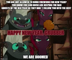 Size: 597x499 | Tagged: safe, derpibooru import, edit, edited screencap, screencap, grubber, tempest shadow, unicorn, my little pony: the movie, caption, happy new year, holiday, image, image macro, jpeg, text