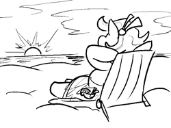 Size: 843x630 | Tagged: safe, artist:jargon scott, derpibooru import, oc, oc:bahama nectar, unofficial characters only, earth pony, pony, arm behind head, beach, beach chair, black and white, female, grayscale, hair accessory, image, lounging, mare, monochrome, png, sand, sarong, solo, sun, sunset, water