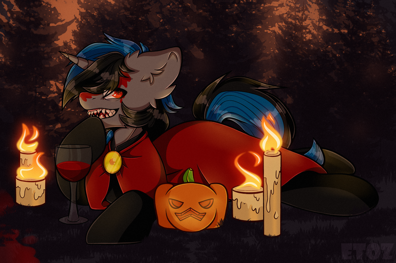 Size: 3000x2000 | Tagged: suggestive, artist:etoz, derpibooru import, oc, oc:sparky, unofficial characters only, pony, unicorn, vampire, alcohol, blood, candle, cloak, clothes, commission, creepy, eyebrows, fangs, fire, forest, glass, horn, image, lying, male, png, pumpkin, smiling, smirk, solo, stallion, teeth, tree, unicorn oc, wine, wine glass, wingding eyes