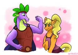Size: 3308x2349 | Tagged: safe, artist:bellbell123, derpibooru import, applejack, spike, earth pony, pony, alternate hairstyle, applespike, clothes, cosplay, costume, crossover, female, flexing, halloween, halloween costume, hercules, high res, holiday, image, male, mare, megara, older, older spike, png, ponytail, shipping, straight