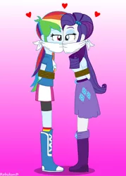 Size: 1920x2688 | Tagged: safe, artist:robukun, derpibooru import, rainbow dash, rarity, equestria girls, arm behind back, bondage, cloth gag, dashsub, female, femsub, floating heart, gag, heart, image, jpeg, kissing, lesbian, looking at each other, otm gag, raridash, rarisub, shipping, submissive, tied up