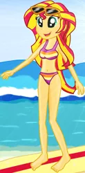 Size: 1172x2391 | Tagged: safe, artist:majkashinoda626, derpibooru import, sunset shimmer, equestria girls, barefoot, beach, belly button, bikini, clothes, cropped, cute, feet, female, image, png, shimmerbetes, solo, sunglasses, surfboard, swimsuit