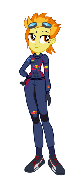 Size: 1061x2612 | Tagged: safe, artist:gmaplay, derpibooru import, spitfire, equestria girls, driver, energy drink, equestria girls-ified, formula 1, image, png, racing, racing suit, red bull, simple background, solo, transparent background