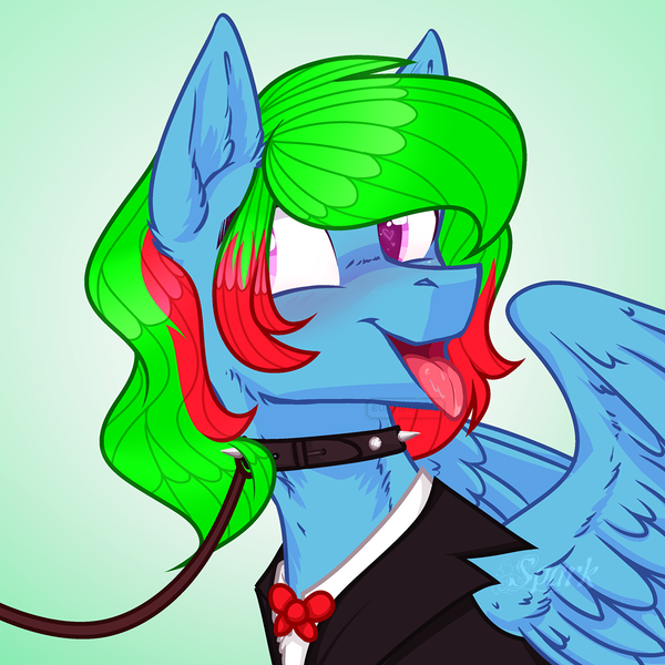 Size: 960x960 | Tagged: safe, anonymous artist, artist:sparkling_light, derpibooru import, oc, oc:precised note, pegasus, pony, bowtie, bust, clothes, collar, eyelashes, gradient background, heart eyes, image, leash, looking sideways, open mouth, pet play, png, portrait, smiling, suit, tongue out, tuxedo, two toned mane, watermark, wingding eyes, wings