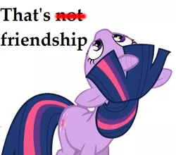 Size: 617x544 | Tagged: safe, derpibooru import, twilight sparkle, pony, unicorn, the crystal empire, caption, female, friendship, image, image macro, inverse, juxtaposition bait, looking up, mare, meme, png, reaction image, reversed, simple background, solo, text, that's not friendship, unicorn twilight, upside down, white background