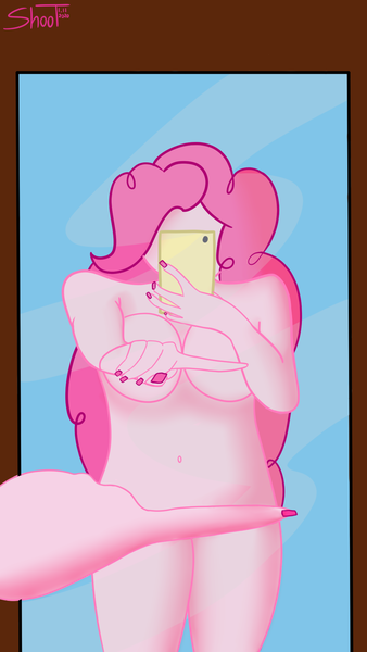 Size: 1080x1920 | Tagged: questionable, artist:shooting star, derpibooru import, pinkie pie, anthro, equestria girls, breasts, covering, curvy, female, image, mirror, mirror selfie, nude selfie, nudity, one finger selfie challenge, pinup, png, selfie, sexy, solo, solo female