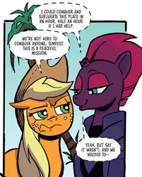 Size: 872x1085 | Tagged: safe, artist:andypriceart, derpibooru import, idw, applejack, tempest shadow, earth pony, pony, unicorn, spoiler:comic, spoiler:comic90, female, image, mare, png, season 10