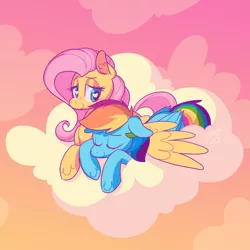 Size: 1280x1280 | Tagged: safe, artist:ponett, derpibooru import, fluttershy, rainbow dash, pegasus, pony, blushing, cloud, cute, dashabetes, ear fluff, evening, eyeshadow, female, flutterdash, folded wings, heart eyes, hug, image, lesbian, lying down, makeup, mare, png, shipping, shyabetes, sky, sleeping, spread wings, unshorn fetlocks, wingding eyes, winghug, wings