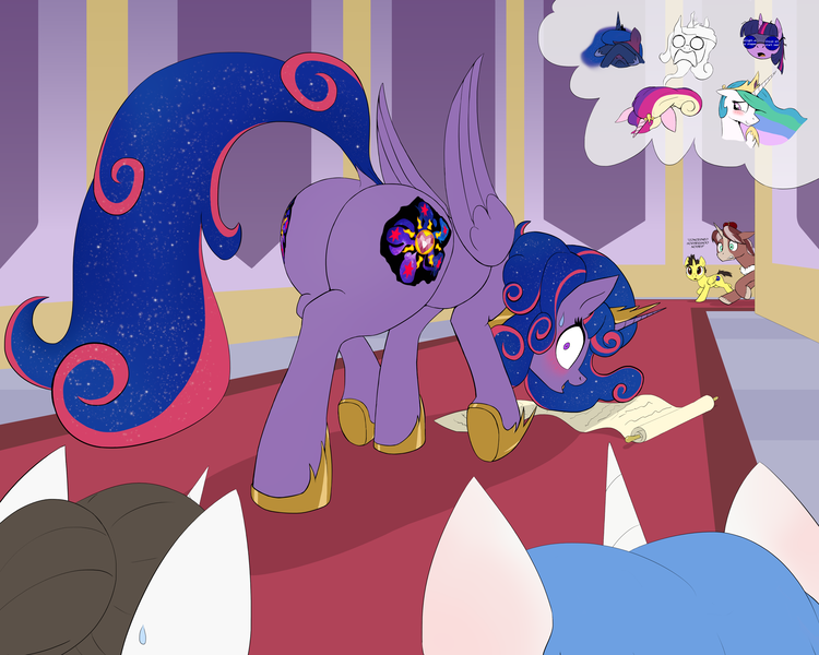 Size: 5000x4000 | Tagged: safe, artist:zoarvek, author:bigonionbean, derpibooru import, fancypants, princess cadance, princess celestia, princess luna, raven, twilight sparkle, oc, oc:king speedy hooves, oc:queen galaxia, oc:tommy the human, ponified, alicorn, ghost, ghost pony, pony, undead, unicorn, alicorn oc, background pony, blushing, blushing profusely, broken glasses, butt, canterlot, canterlot castle, castle, child, colt, commissioner:bigonionbean, covering eyes, cutie mark, descriptive noise, dock, embarrassed, error message, ethereal mane, extra thicc, father and child, father and son, female, flank, freaking out, fusion, fusion:king speedy hooves, fusion:queen galaxia, giving up the ghost, glasses, hair bun, hallway, horn, horse noises, image, jewelry, looking at her butt, male, mare, passed out, plot, png, reflection, regalia, royalty, scroll, shocked, spirit, stallion, sweat, thicc ass, thought bubble, wide eyes, wings