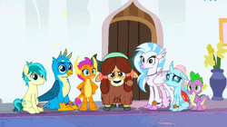 Size: 862x482 | Tagged: safe, derpibooru import, screencap, gallus, ocellus, sandbar, silverstream, smolder, spike, yona, changedling, changeling, classical hippogriff, dragon, earth pony, gryphon, hippogriff, pony, yak, a matter of principals, angry, animated, bow, cloven hooves, colored hooves, confused, dragoness, female, gif, hair bow, image, jewelry, looking at you, male, monkey swings, necklace, student six, teenager, winged spike