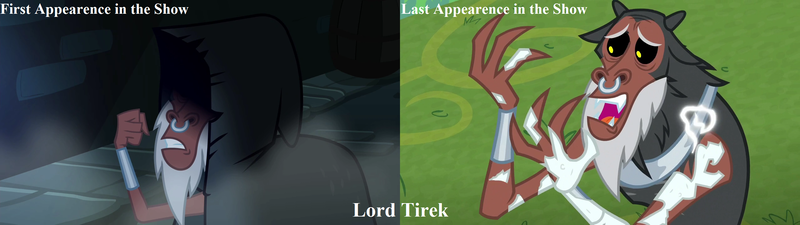 Size: 2556x720 | Tagged: safe, derpibooru import, screencap, lord tirek, centaur, the ending of the end, twilight's kingdom, allyway, antagonist, beard, caption, chestplate, cloak, clothes, defeat, facial hair, grass, horns, image, image macro, misspelling, mist, nose piercing, nose ring, petrification, piercing, png, scared, solo, text, weak, wristband