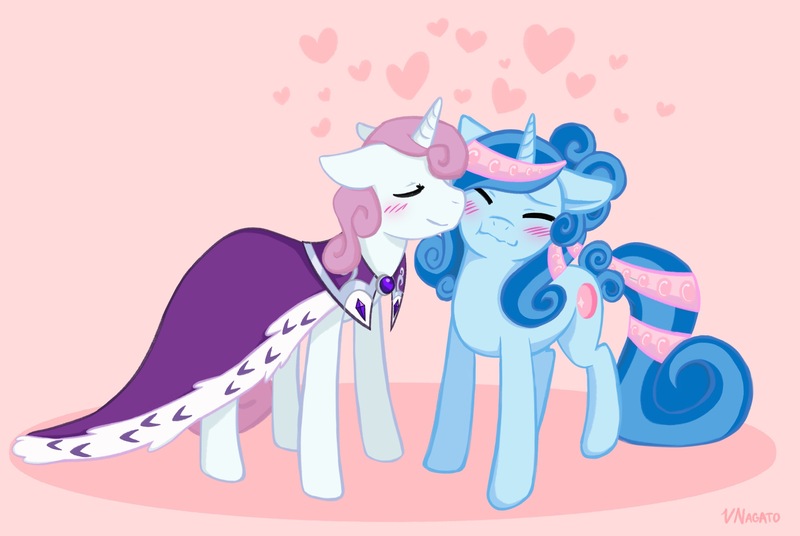 Size: 3860x2587 | Tagged: safe, artist:vnagato, derpibooru import, princess platinum, oc, pony, unicorn, blushing, canon x oc, clothes, female, gift art, heart, image, jpeg, kiss on the cheek, kissing, lesbian, royal cape, shipping, simple background