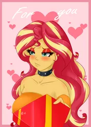 Size: 1500x2100 | Tagged: safe, artist:albertbm, derpibooru import, sunset shimmer, equestria girls, blushing, chocolate, choker, collar, food, holiday, image, jpeg, solo, studded choker, valentine's day