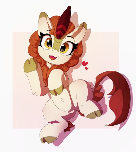 Size: 3665x4096 | Tagged: safe, artist:pabbley, derpibooru import, autumn blaze, kirin, awwtumn blaze, belly button, cute, cute little fangs, fangs, floating heart, heart, image, jpeg, open mouth, pabbley is trying to murder us, solo