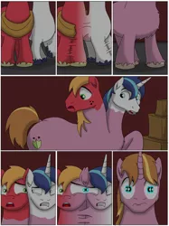 Size: 1000x1340 | Tagged: safe, artist:cactuscowboydan, author:bigonionbean, derpibooru import, big macintosh, shining armor, oc, oc:home defence, earth pony, pony, unicorn, comic:the birth of speedy hooves, butt, comic, commissioner:bigonionbean, confused, dat ass was fat, extra thicc, flank, flashback, fuse, fusion, fusion:home defence, image, jpeg, male, merge, merging, plot, shocked, stallion, thicc ass, wide hips