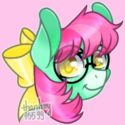 Size: 500x500 | Tagged: safe, artist:thanhvy15599, derpibooru import, oc, oc:sweet mint, donkey, animated, blinking, bow, commission, female, gif, glasses, icon, image, pink background, pink hair, simple background, solo, yellow eyes