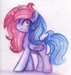Size: 2560x2720 | Tagged: safe, artist:equmoria, derpibooru import, oc, oc:effulgence, unofficial characters only, alicorn, alicorn oc, colored pencil drawing, ethereal mane, freckles, high res, horn, image, jpeg, solo, starry mane, traditional art, transparent mane, wings