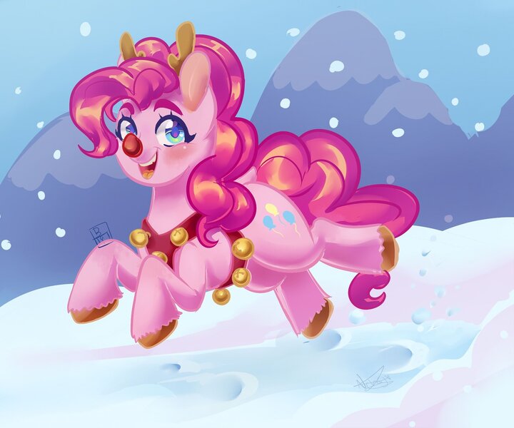 Size: 1771x1476 | Tagged: safe, artist:beyond_inside, derpibooru import, pinkie pie, earth pony, pony, animal costume, antlers, blushing, clothes, costume, female, harness, image, jingle bells, jpeg, mare, mountain, open mouth, outdoors, red nose, red nosed, reindeer antlers, reindeer costume, running, signature, smiling, snow, solo, tack, unshorn fetlocks
