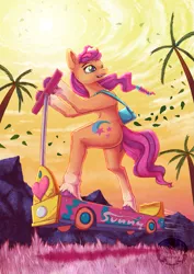 Size: 1029x1455 | Tagged: safe, artist:calena, derpibooru import, sunny starscout, earth pony, pony, semi-anthro, bag, cute, g5, grass, image, leaves, mountain, palm tree, perspective, png, scooter, signature, solo, sun, tree