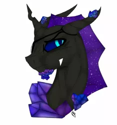 Size: 962x1024 | Tagged: safe, artist:yoonah, derpibooru import, oc, unofficial characters only, changeling, changeling oc, crystal, crystal changeling, fangs, horn, image, jpeg, purple changeling, simple background, solo, white background