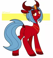 Size: 1253x1372 | Tagged: safe, artist:1racat, derpibooru import, oc, unofficial characters only, demon, demon pony, original species, pony, ear piercing, horns, image, jpeg, looking back, nose piercing, nose ring, piercing, solo, unshorn fetlocks