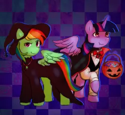 Size: 1200x1100 | Tagged: safe, artist:poofindi, derpibooru import, rainbow dash, twilight sparkle, alicorn, candy bag, clothes, costume, dracula, dracula costume, halloween, halloween costume, holiday, image, jpeg, looking at you, magic, simple background, twilight sparkle (alicorn), witch costume